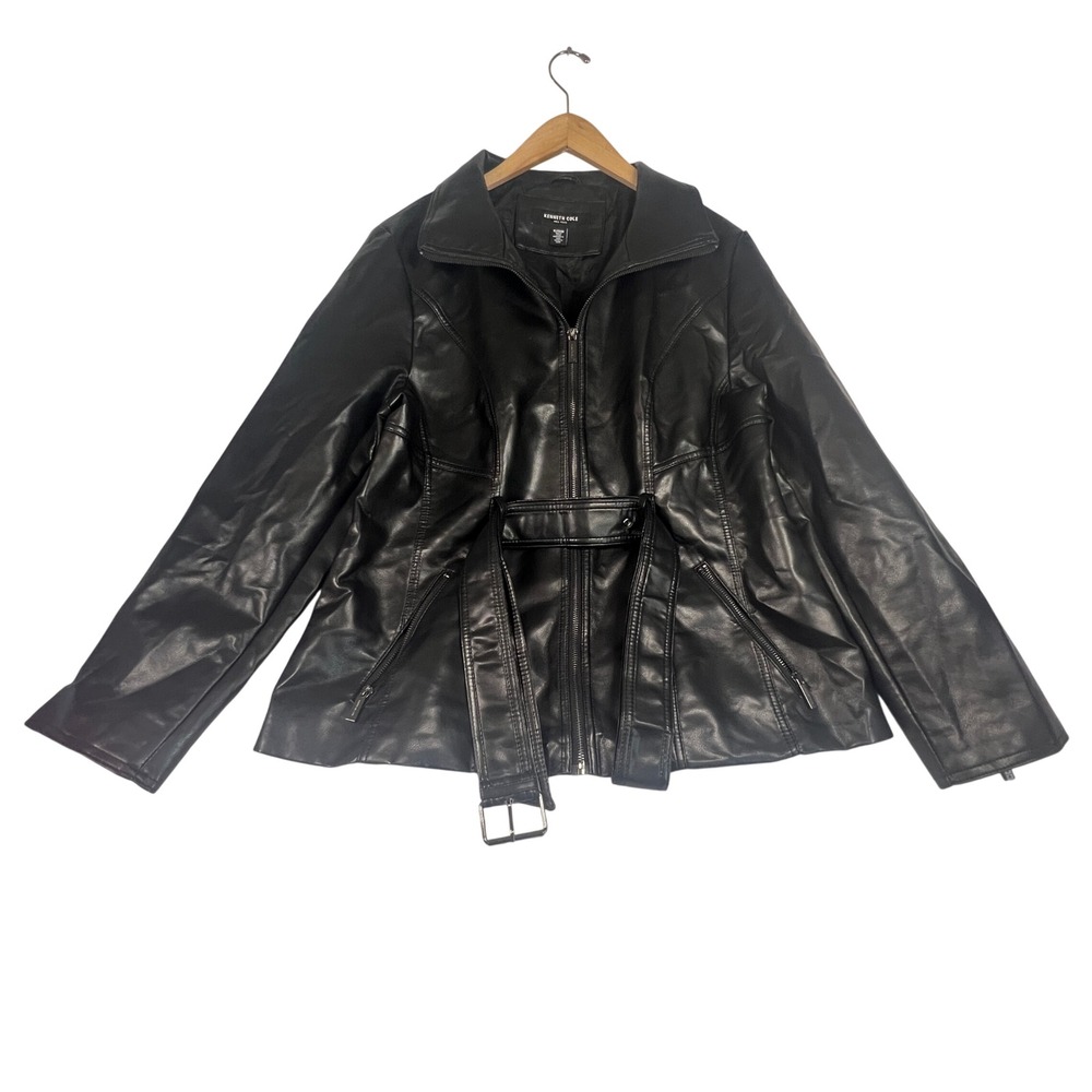 Kenneth Cole New York Womens Black Faux Leather Belted Moto Jacket XL